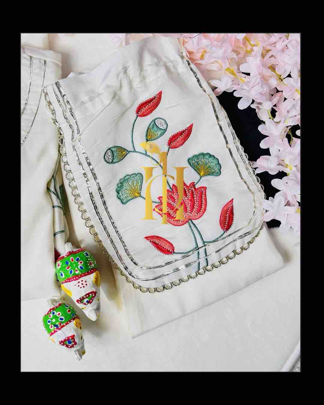 Ivory Lotus & Cow Embroidery Cordset